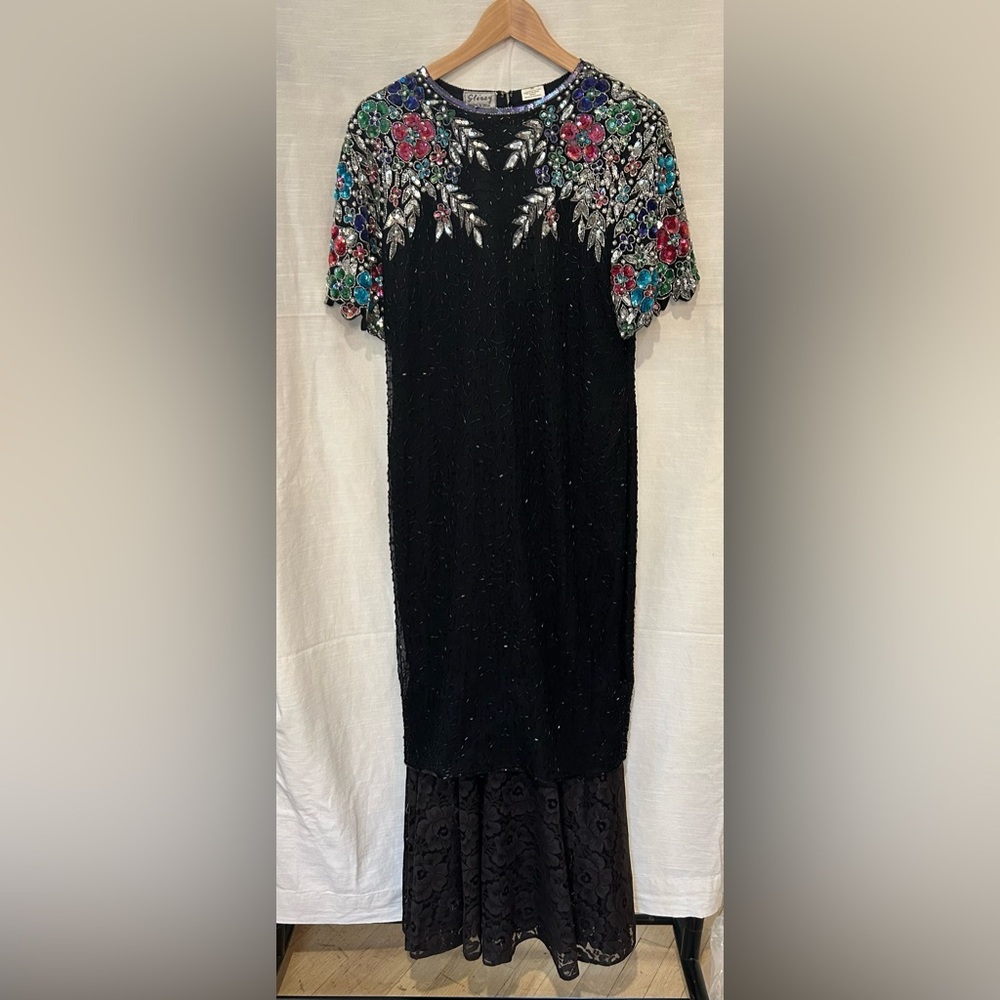 Vintage Stenay Size 12 Elegant Black Floral Silk Embellished Beaded Dress w/lace